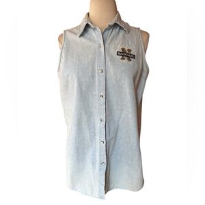 Vintage Crystal Springs NASCAR Patch Sleeveless Button Down‎ Denim Shirt